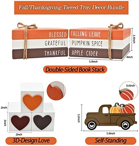 Thanksgiving Tiered Tray Decor - Fall Decorations for Home - 3 Double Sided Faux Book Stack 3 Love Wood Block 1 Pumpkin Truck - Farmhouse Rustic Wooden Table Sign for Autumn Thanksgiving Harvest