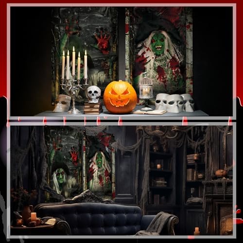 Newwiee 2 Pcs Scary Halloween Curtain Window Silhouette Cover, Green Witch