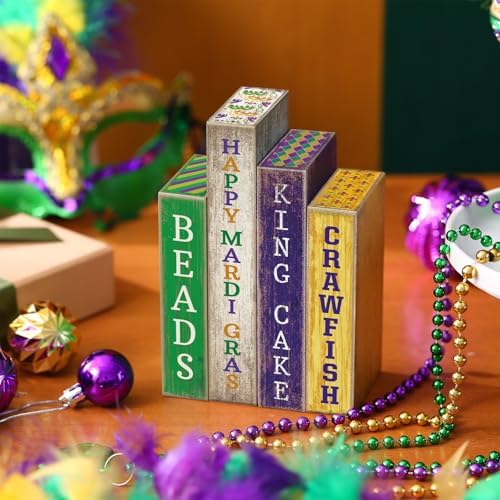 Lineshading 4 Pcs Mardi Gras Table Decor Rustic Wooden Book Carnival Signs