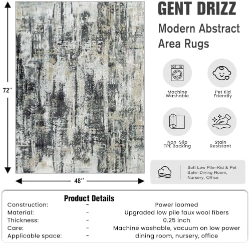 4x6 Area Rugs for Living Room: Washable Abstract Black Grey Gold Carpet
