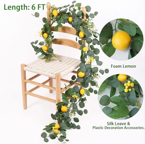 Mizii Artificial Lemon Garland 6FT Fake Fruit Lemons Garland with Berries Green Leaves Hanging Vines Greenery Decorations for Kitchen Table Centerpieces Room Party Birthday Decor (Lemon with Berries)