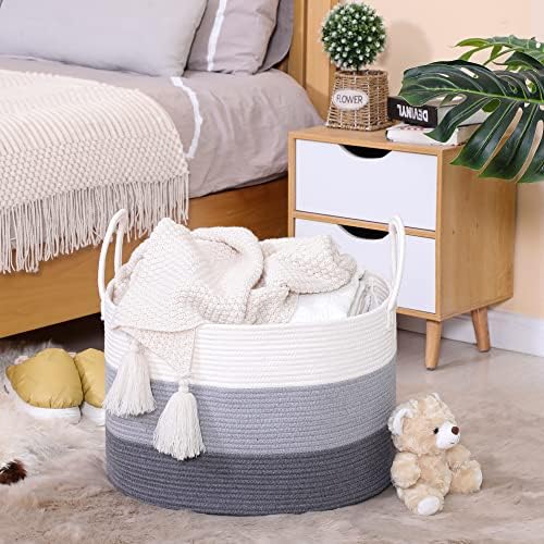 KAKAMAY Large Blanket Basket (20"x13"),Woven Baskets for storage Baby Laundry Hamper,Cotton Rope Blanket Basket for