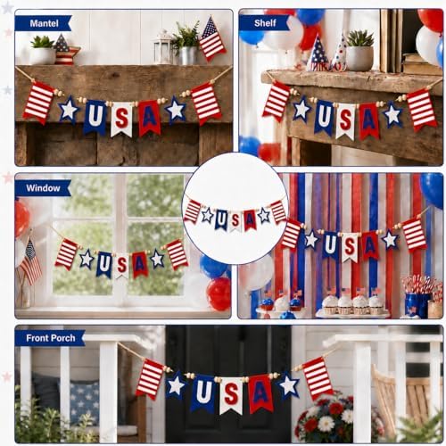 Felt USA Red White Blue Wood Bead Garland Banner for Mantel Fireplace