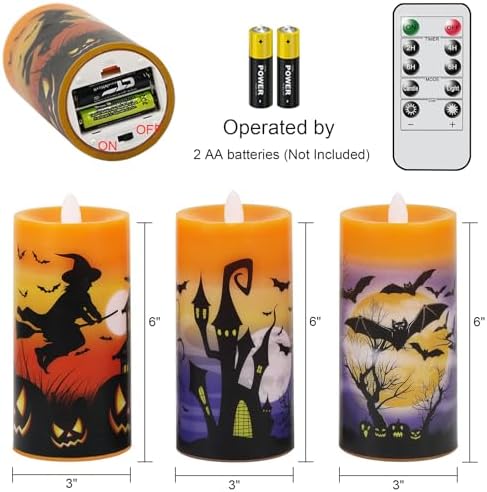 Halloween Flameless Pillar Candles Battery Operated Remote Timer