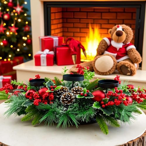 YULETIME 28" Christmas Triple Candelabrum, Red Baubles, Berries, Pine Cones