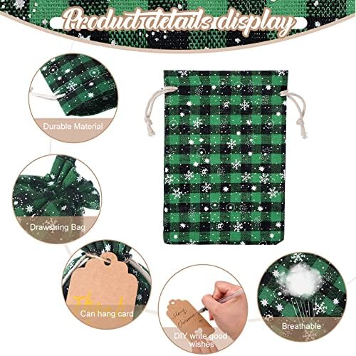 Shappy 24 Pcs Christmas Drawstring Gift Bags Xmas Buffalo Plaid Burlap Advent Bags 7 x 5 Inches Linen Treat Candy Bag with 32.8 ft Rope 24 Card(Black Green Snowflake)