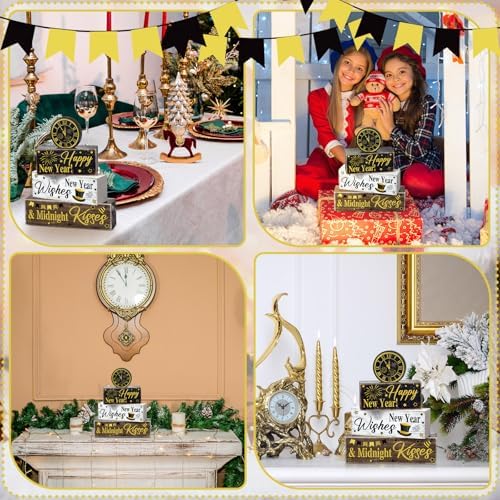 Moucuny 4 Pcs New Year Table Decorations, Happy New Year Wood Block Sign