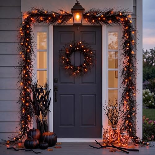 Thiccywoov Halloween Lighted Creepy Black Twig Vines Garland for Mantle