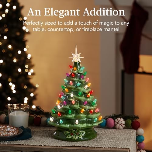 Best Choice Products 15in Ceramic Christmas Tree, Pre-lit Hand-Painted Tabletop Holiday Tree, Star Topper, 64 Lights - Green w/Multicolored Bulbs
