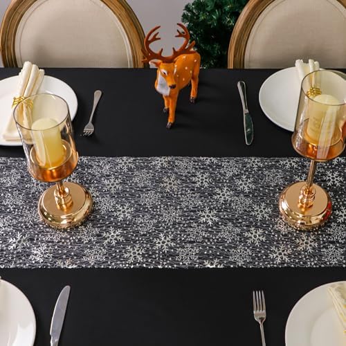 Snowkingdom Christmas Snowflake Silver Table Runner 11 Inch x 100 Feet Sparkly Silver Foil Glitter Metallic Mesh Dining Table Decorations for Seasonal Winter Xmas Festival Holiday Home Party