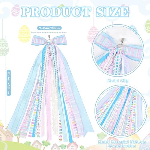 Wreath Sash Ribbon Bow Blue Bows Bunny Egg Wreath Bow Clip-On Wreath Sash for Front Door Spring Holiday Wreath Wall Indoor Outdoor Party Holiday Decorations