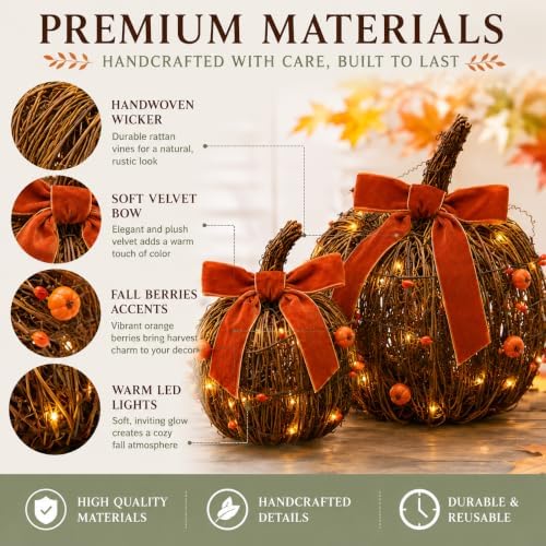 Lighted Fall Pumpkin Decor 2 Pack Rattan Pumpkins with Velvet Bow