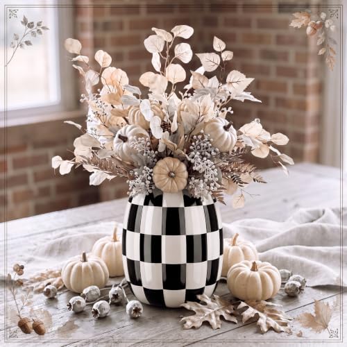 Beeveer 6.7'' Ceramic Pumpkin Vase Black and White Checkered Utensil Holder