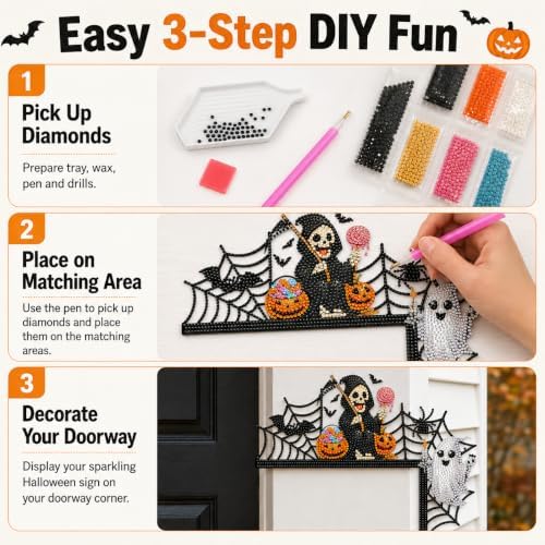 DIY Halloween Witch Pumpkin Diamond Art Wooden Door Corner Decoration, Halloween Frame Sign Kit, Creative Wall Art Mosaic Frame Sign for Home Decor & Gifts