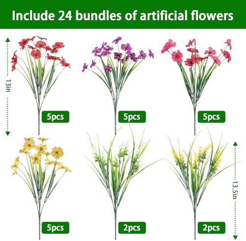 24PCS Fake Flowers Outdoor, UV Resistant Artificial Silk Flowers