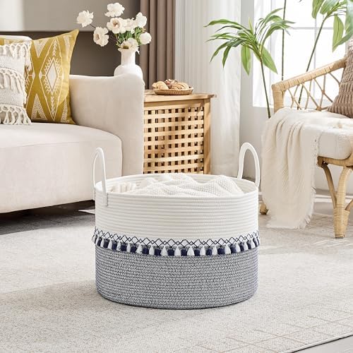 KAKAMAY Large Blanket Basket with Handles, Storage Basket for Living Room