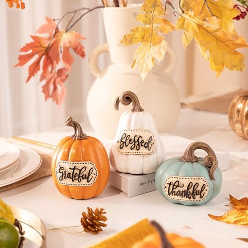 Valery Madelyn Pumpkins Fall Table Decor for Home, Set of 3 Resin Decorative Pumpkins Figurines Decor Indoor Tabletop Centerpieces Harvest Autumn Thanksgiving Dining Room Shelf Decoration, 6.3 inch