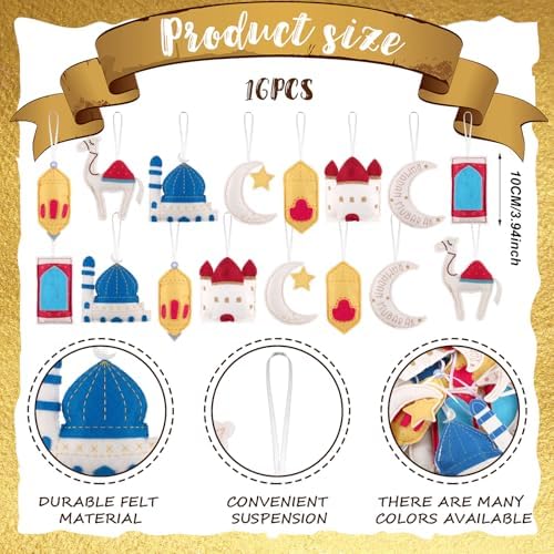 HunnmingRe 16 Pcs Ramadan Tree Ornaments 3D Felt Eid Mubarak Hanging Ornaments Ramadan Islamic Moon Star Castle Lantern Decorations for Holiday Party Door Home Wall Mantel Arts Crafts Gifts
