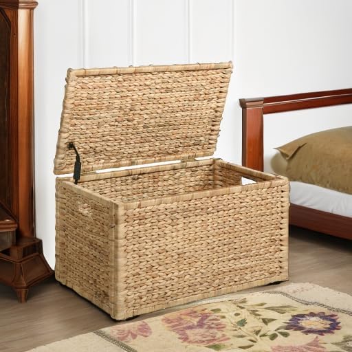 Metal Frame / Water Hyacinth Wicker Storage Trunk / Natural / 30 x 17.5