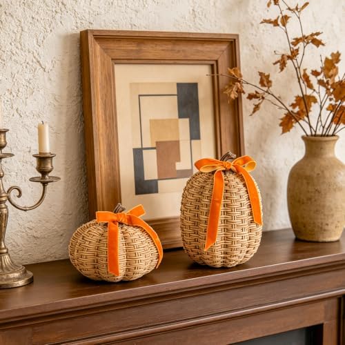 DN DECONATION Fall Pumpkin Decor, Fake Rattan Pumpkin Decorations for Home