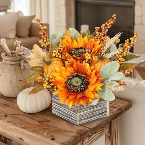 DILATATA Fall Decor Autumn Harvest Floral Centerpiece with Artificial Sunflowers Lambs Ear Gourd and Berries Arrangement for Thanksgiving Party Mantel Fall Decor