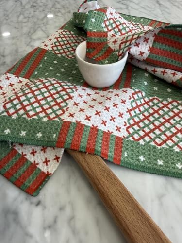3 Pack|| Double Sided Dish Towels || Waffle Weave Microfiber || Highly Absorbent || Hanging Loop || Dish Cloths || Modern || Designer Prints || Lights (Christmas Quilt)