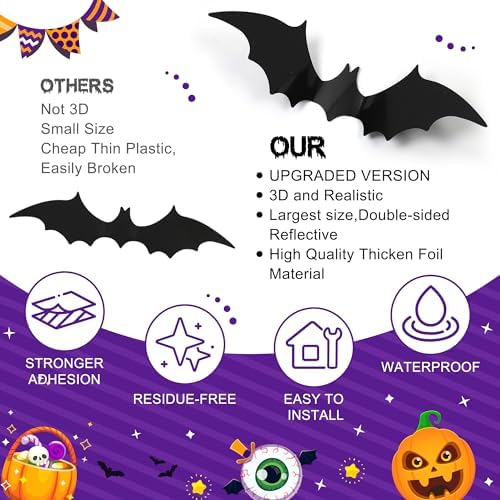 96Pcs Bats Halloween Decoration Sticker, Black Orange Purple Bat Wall Decor