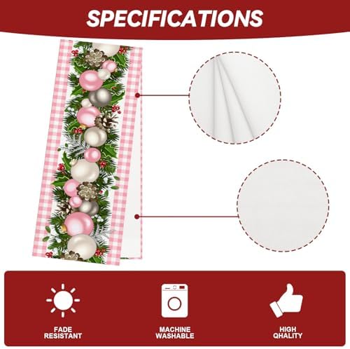 Jiudungs Pink Christmas Table Runner, Xmas Holiday Decorations for Home
