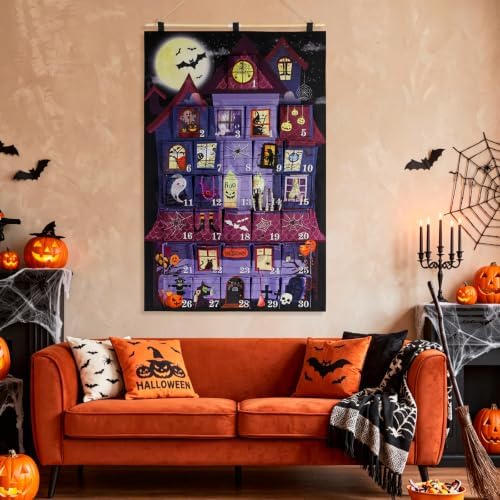 HOWAF Halloween Advent Calendar Haunted House Wall Hanging, 30 Days Countdown to Halloween Fabric Calendar with 30 Pockets, Spooky Castle Design Halloween Countdown Decor for Gifts Filling