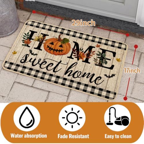 ORTIGIA Halloween Pumpkin Doormat Home Sweet Home Indoor Outdoor Patio Welcome Door Mats Non-Slip Durable Entrance Mat for Home Entrance Outside Entry Yard Floor Patio 17x29 INCH