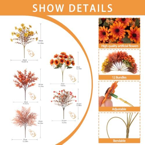 INQCMY Artificial Fall Flowers for Outdoor Porch Decoration,12pcs Fake Mums