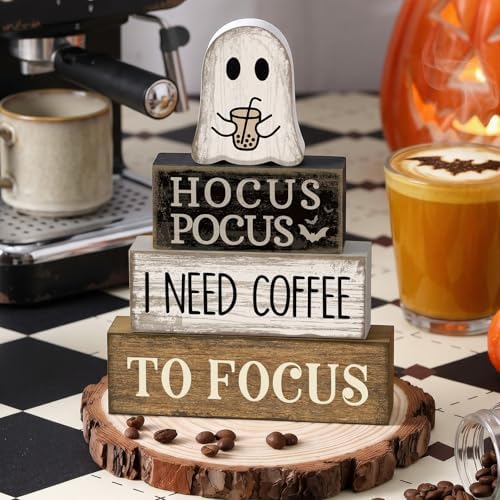 Lineshading 4 Pcs Wooden Tiered Tray Decor Ghost Coffee Block Signs