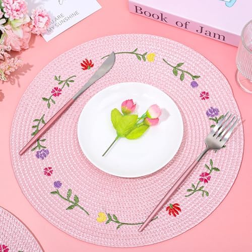 Whaline 4Pcs Spring Flower Embroidered Placemats Round Place Mats Pink Floral Dinner Table Mats for Home Holiday Wedding Bridal Baby Shower Birthday Party Decor