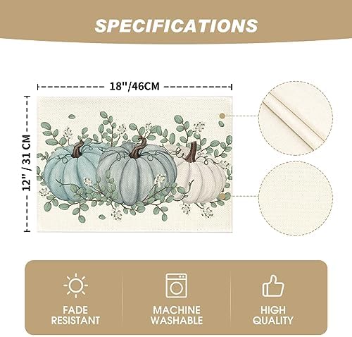 Artoid Mode Pumpkins Eucalyptus Leaves Fall Placemats Set of 6, 12x18 Inch Autumn Thanksgiving Holiday Table Mats for Party Kitchen Dining Decoration