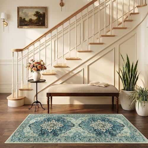 RELEANY Washable Area Rug, Runner 2'6"x5', Blue/Vintage Dark Blue