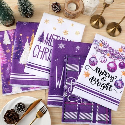 Oudain 6 Pcs Purple Christmas Kitchen Towels Xmas Tree Tea Dishtowels Decorative Plaid Bathroom Hand Towel Farmhouse Purple Christmas Decorations for Kitchen Bath Housewarming Home Gifts
