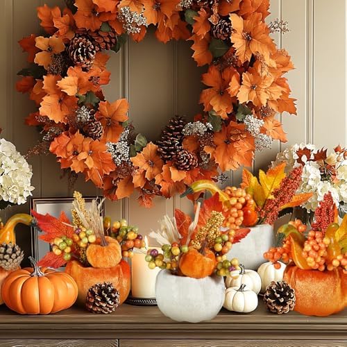 Artmag Set of 6 Artificial Pumpkins Decorations, Decorative Fabric Orange Pumpkin with Maple Berry Acorn Pine Cone Vegetables for Fall Thanksgiving Harvest Party Home Tabletop