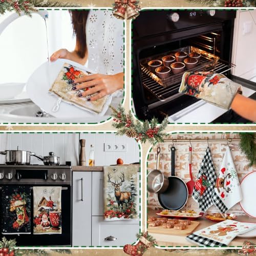 Bencailor 6 Pcs Christmas Kitchen Towel, Red, Black, Brown, Retro Santa