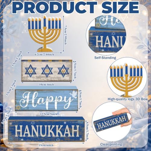 Lineshading 4 Pcs Hanukkah Decorations for Home Chanukah Table Decor Wooden Menorah Decoration Hanukkah Centerpiece