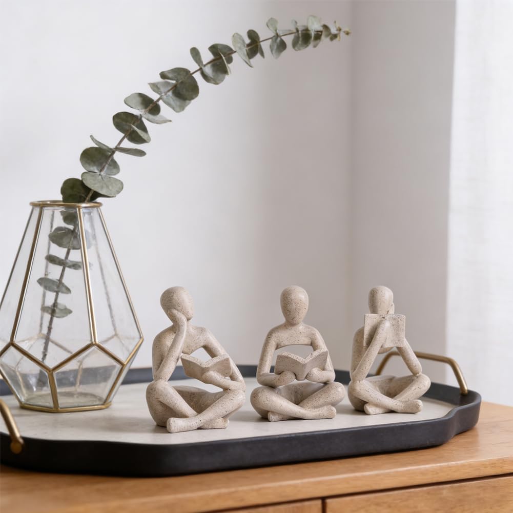Thinker Statue / Matte Sandstone Resin Reading Figurines / Sandstone Color / Set of 3