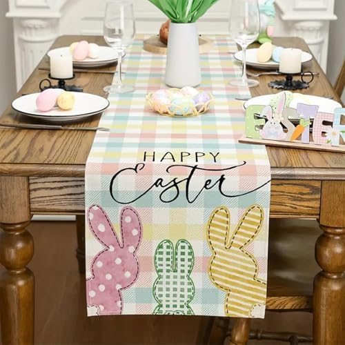 Niviy Buffalo Plaid Rabbit Bunny Happy Easter Table Runner, 13x120 Inch Check Stripes Kitchen Table Decor, Spring Kitchen Dining Table Decoration for Home Party Decor
