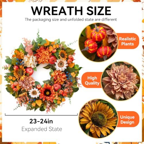 24 Inch Fall Wreaths for Front Door, Apple Wreath Artificial Autumn Wreath