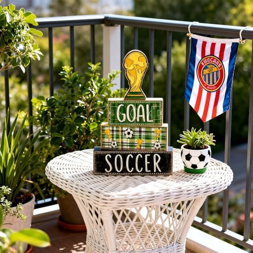 DIYDEC 4Pcs Soccer Tabletop Decorations Wooden Trophy Block Signs Gift Rustic Football Tiered Tray Decor Soccer Centerpiece World Cup Table Sign for Home Office Tabletop Fireplace Party Decor