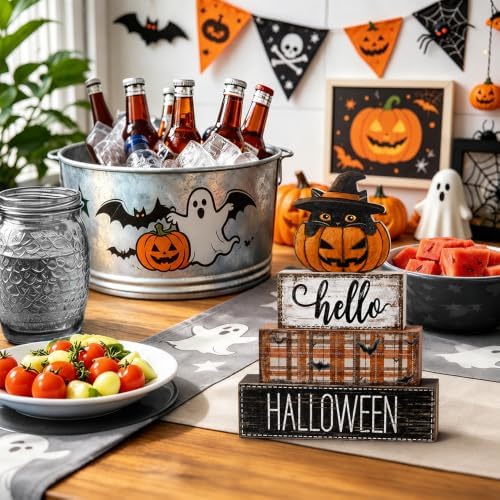 4Pcs Halloween Tabletop Decorations Wooden Cat Pumpkin Signs Gift