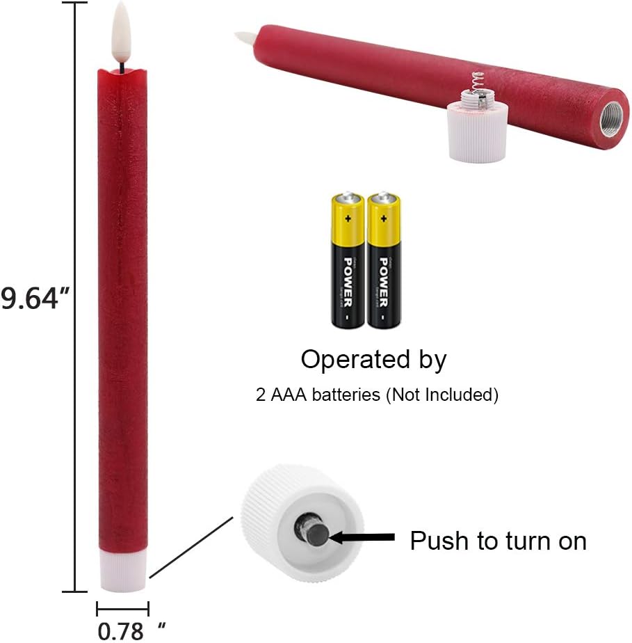 Christmas Red Flameless Taper Candles Flickering with 6H Timer | LED Taper Candles, Flameless Candlesticks, Battery