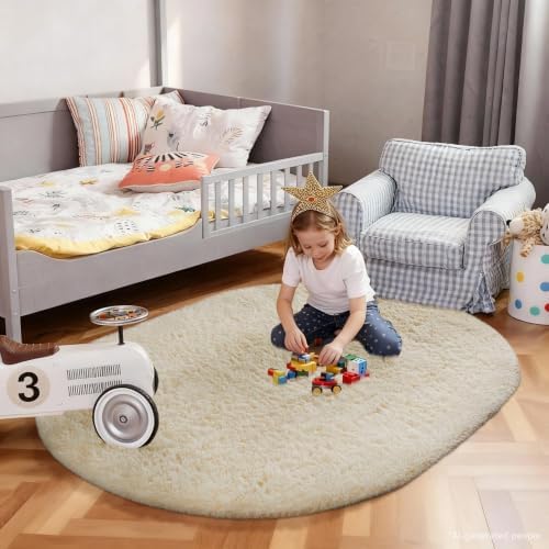 Ophanie 4x6 Oval Ivory Rugs for Bedroom Living Room Washable,Fluffy Fuzzy Furry Carpet,Plush Soft Shaggy Indoor Floor