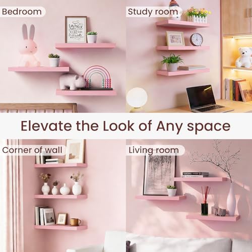 BAYKA Pink Floating Shelves 15.7in, Set of 3, Wall Mounted for Wall Decor