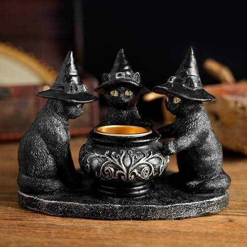 Halloween Black Cat Witches Tealight Candle Holder, Gothic Resin Statue with Decorative Cauldron, Indoor Home Decor (Black)