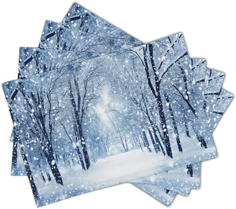 Winter Placemats Set of 6 18x12 Inch Snow Snowflake Forest White Holiday Linen Place Mat Heat-Resistant Washable Wipeable Winter Sence Table Mat for Party Kitchen Dining Home Decor