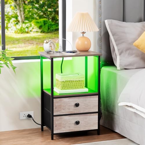 LOAKEKEL Nightstands Set of 2, LED Night Stand with Charging Station